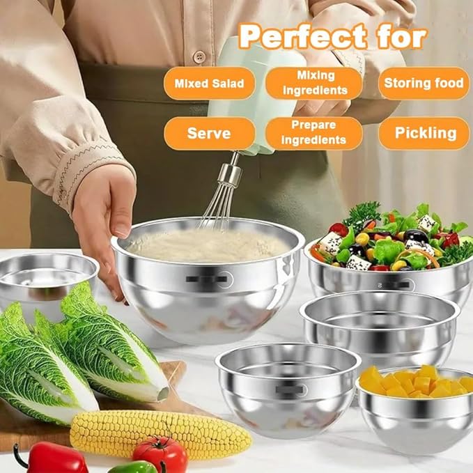 Thsinde Mixing Bowls with Airtight Lids, 6 Sizes Stainless Steel Bowls Set with Colorful Non-Slip Bottoms Great for Mixing & Serving(Size 7-1QT)