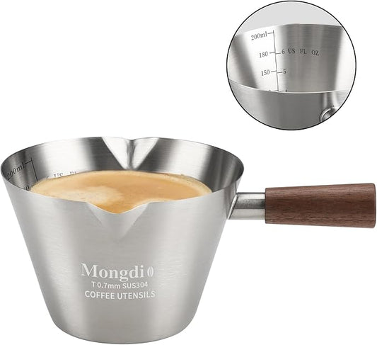 Mongdio Espresso Measuring Cup, Stainless Steel Espresso Shot Cups with Wooden Handle and Double Spouts, 6.8OZ/200ML, Silver
