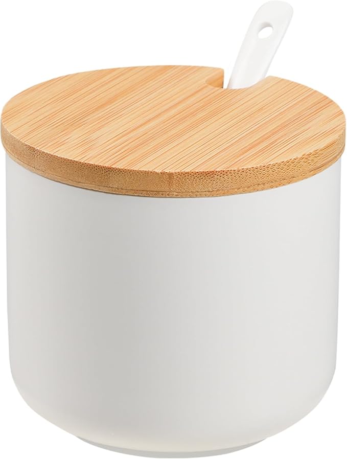 VanEnjoy White Sugar Bowl with Lid 10oz Ceramic Sugar Bowl Salt Cellar with Lid and Spoon Salt Jar for Seasoning Sugar Container with Spoon