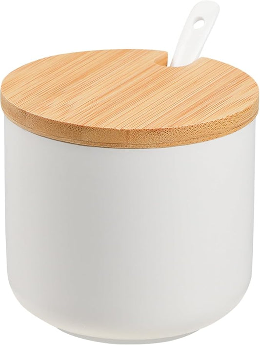 VanEnjoy White Sugar Bowl with Lid 10oz Ceramic Sugar Bowl Salt Cellar with Lid and Spoon Salt Jar for Seasoning Sugar Container with Spoon