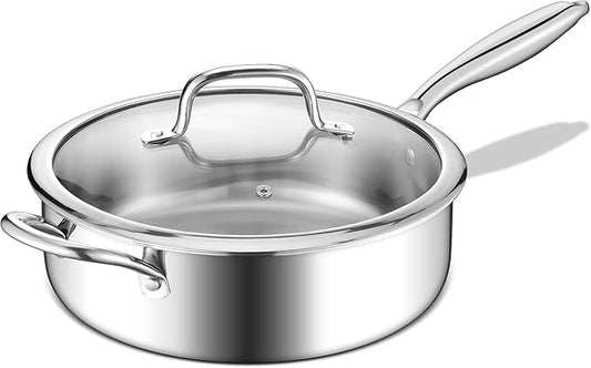E-far 10 Inch Tri-Ply Stainless Steel Saute Pan, 4.5 Quart Deep Frying Pan with Lid, Kitchen Skillet, Healthy Non-toxic Cooking Pan for Induction Ceramic Gas Stoves, Heavy Duty, Oven & Dishwasher Safe