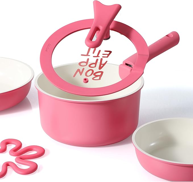 CAROTE Ceramic Sauce Pan Sets with Stand-Up Lid 2QT& 3QT & 4QT, 11 Piece NonStick Kitchen Cookware Sets with Detachable Handle, Non Toxic Cooking Pot, Oven Safe, Induction Ready, Pink