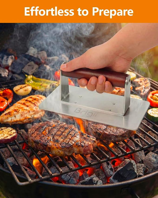 Brigii Stainless Steel Burger Press Smasher - 9"x4" Rectangular Grill Press with Wooden Handle(Heat-Proof), Non-Stick Smooth for Hamburger Patties, Bacon, Steak & BBQ Grilling, Dishwasher Safe