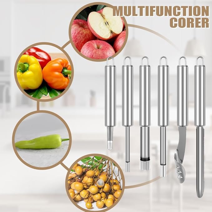 6 PCS Vegetable Corer, Stainless Steel Fruit Corers, Kitchen Corer Tool, Multi-function Corers and Pitter Remover Set for Apple, Pear, Cherry, Zucchini, Jujube, Chili, Jalapeno Pepper, Tomato