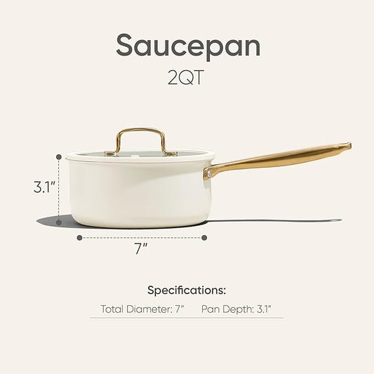 CAROTE 2Qt Stainless Steel Saucepan, Non-Toxic Cookware with Lids,Outer Ceramic Layer,Small Cooking Pot, Even Heating, Fits All Stoves,Oven & Dishwasher Safe,White