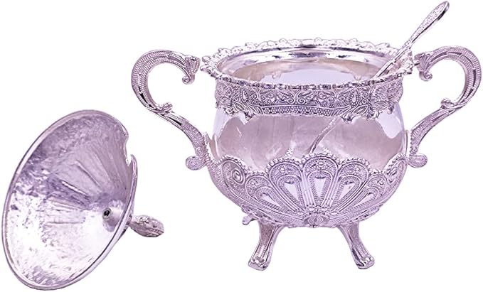 Hourwof Sugar Bowl with Lid and Spoon for Kitchen Coffee Bar and Wedding Party,Metal and Glass Sugar Container for Sugar Cube and Powder Sugar,Spice Condiment Container,Salt Server,Silver