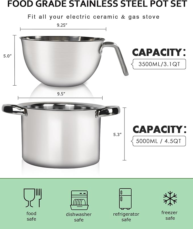 Large Double Boiler Pot Set,3500ML/3.1QT Mixing Bowl for Chocolate Melting, 5000ML/ 4.5QT 304 Stainless Steel Pot With Silicone Spatula for Melting Chocolate, Candy, Candle, Soap, Wax
