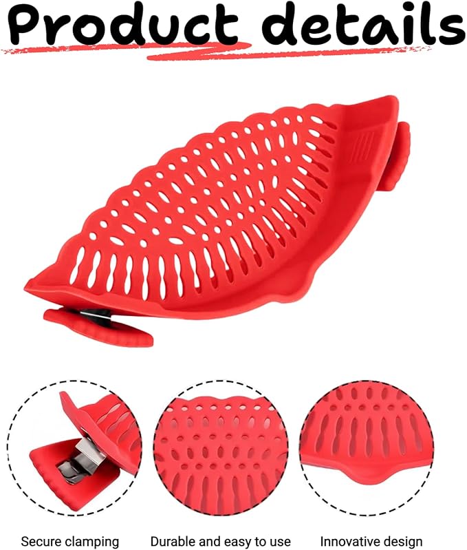 2 PACK Silicone Clip-on Strainer - Fits Pots, Pans & Pasta, Hands-Free Food Strainer for Ground Beef, Spaghetti, Pasta, Compatible with All Bowls and Pots