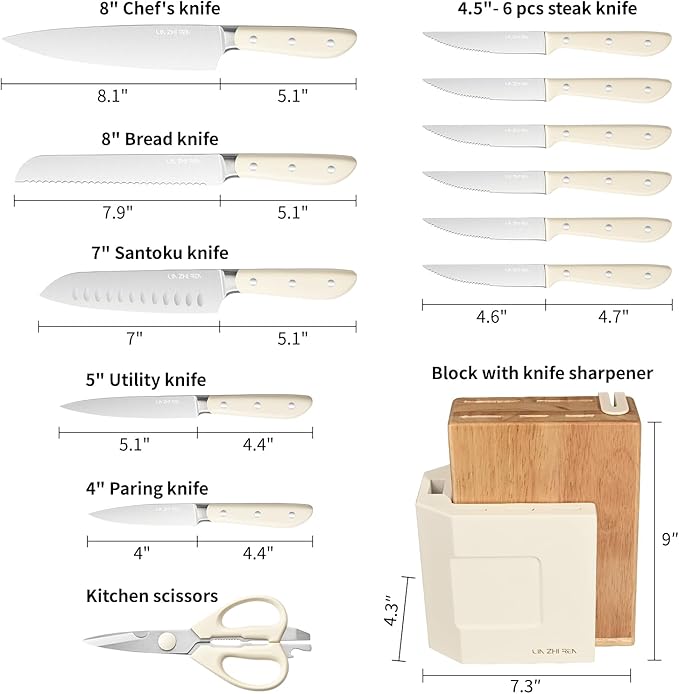14-Piece Knife Block Set, High-Carbon Stainless Steel Dishwasher Safe Kitchen Knives Detachable Knife Holder, Includes Chef's, Santoku, Bread & Steak Knives(white)
