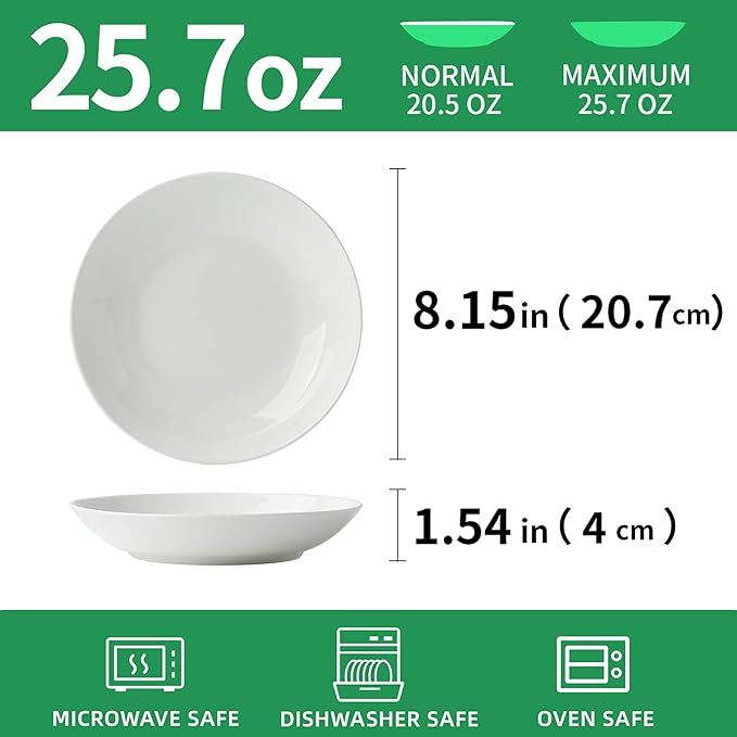 Bone China Pasta Bowls Set of 6, 25.7oz Salad Bowl White Soup Bowls, 8 inch Pasta Bowls Lightweight Wide Shallow Kitchen Plates for Serving Dinner - Microwave Dishwasher Safe, Kitchen Gifts