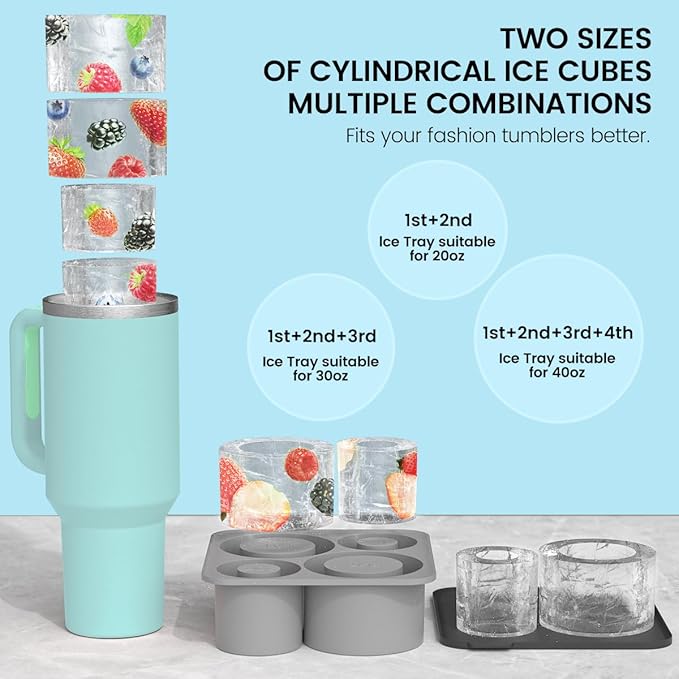 Large Silicone Ice Cube Tray for 20-30-40 oz Tumbler Cup, Slow Melting Ice Mold with Lid, Easy Release Ice Maker(Grey)