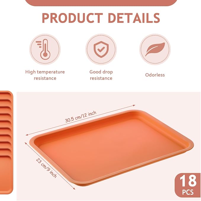 Gerrii 18 Pcs Plastic Fast Food Trays Bulk Restaurant Serving Cafeteria Tray Grill School Lunch Tray Rectangular Serving Platter for Kitchen Hotel Restaurant (Orange,12 x 9 Inch)