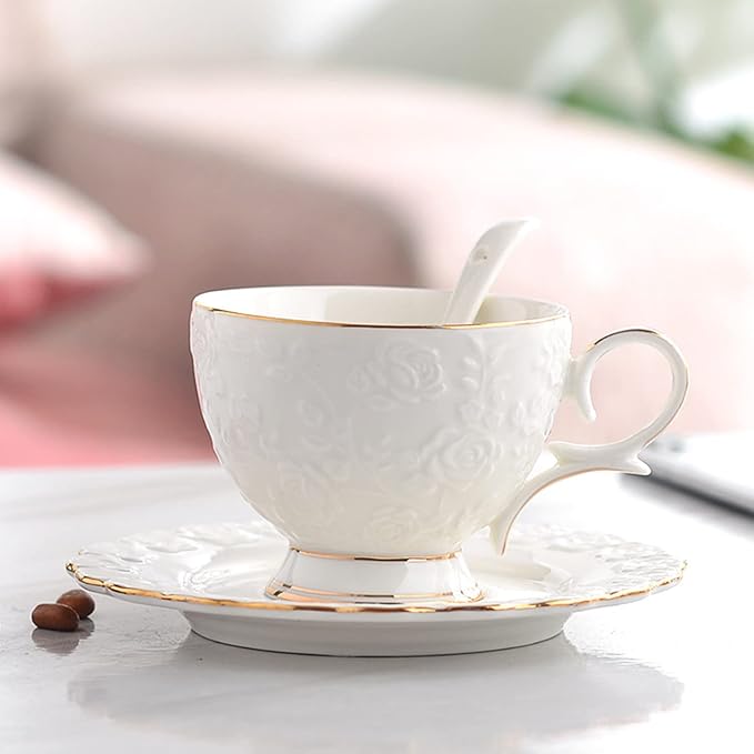 Vintage Bone China Tea Cups and Saucers - Rose Flower Teacup Set, 6.8 Oz, Euro Style for Tea Party and Christmas Gifts