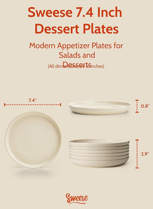 Sweese Porcelain Dessert Plates 7.4 Inch - Set of 6 Beige Salad Plates, Microwave Dishwasher Safe, Elegant for Appetizers