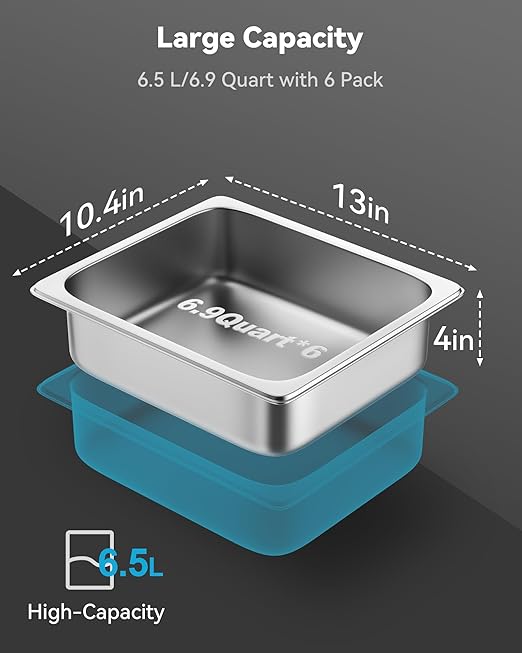 ZeroPone 6 Pack Hotel Pans, 1/2 Size 4" Deep Stainless Steel Steam Table Pan, 12.8" L x 10.4" W Anti Jam Commercial Catering Food Pans for Hotel, Home, Party, Restaurant, Buffet