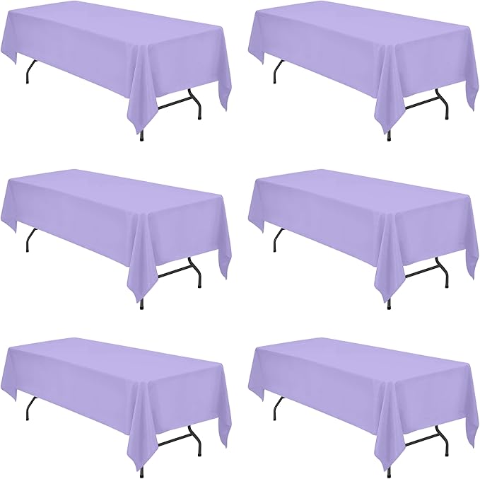 BRILLMAX 6 Pack Lavender Tablecloths 60 x 126 Inch for 8ft Rectangle Tables - 150 GSM Polyester Fabric, 15" Standard Drop, Water, Stain & Wrinkle Resistant Cloth Cover for Wedding Dining Buffet
