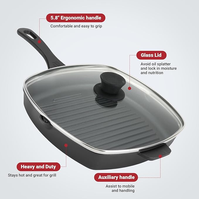 Northriver Casting 10.5 Inch Cast Iron Square Grill Pan with Tempered Glass Lid, Heavy Steak & Bacon Pans for Stove Tops