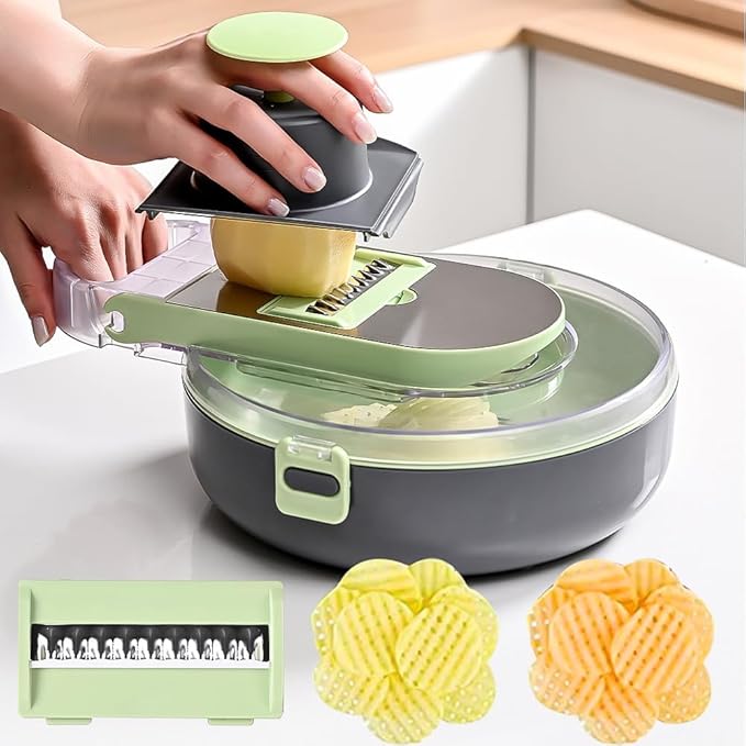 Vegetable Chopper, Onion Chopper, Mandoline Slicer, 9 in 1 professional Veggie Chopper and Slicer, Cucumber Slicer, Potato Slicer, Dicing Machine, Adjustable Veggie Chopper with Container and Lid