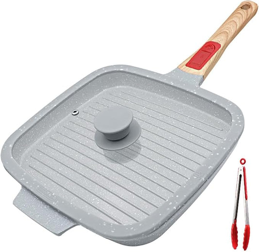RANX INGST Nonstick Ceramic Griddle Pan with Lid, 10 Inch Steak Pan with Detachable Handle Induction Compatible, PFOA Free - Blue