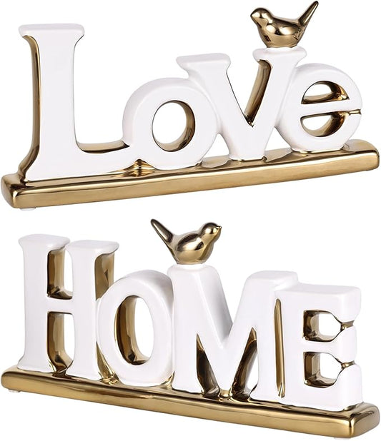 Love Sign Decor,White and Gold Room Decor Aesthetic, Knick Knack Shelf,Gold Bird Decor, Boho Bookshelf ,Abstract Gold Statue ,For Living Room,Bedroom, Contemporary Tv Stand set of 2 (2, White)
