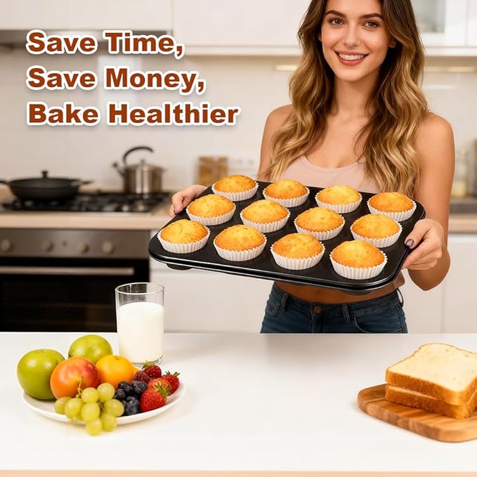 Smile Tree Muffin Pan & Cupcake Pan Set, 2 Pack 12-Cup Muffin Pans for Baking with 120 Cupcake Liners, Nonstick, Heavy-Duty Steel, Scratch-Resistant, Easy Release for Family & Party Baking (Black)