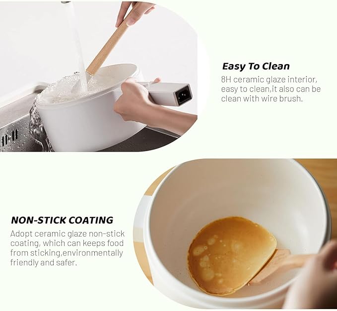 Electric Hot Pot, 1.5L Ceramic Glaze Non-stick Mini Pan, Portable Electric Pot for Steak, Egg, Fried Rice, Ramen, Oatmeal, Soup with 2 Power Adjustment, Electric Pot for Dorm