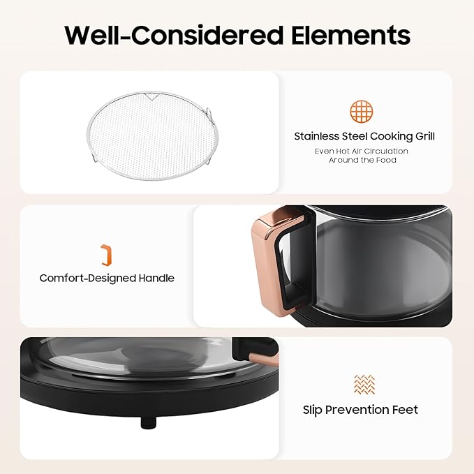 PERFERATE Glass Air Fryer 4.44Qt Capacity Glass Airfryer with 360° Transparent Viewable Fry Bowl, Precise Temperature(175°F - 400°F) & Time(60 Min) Control, 1200W Oil-Less Cooking (Black)