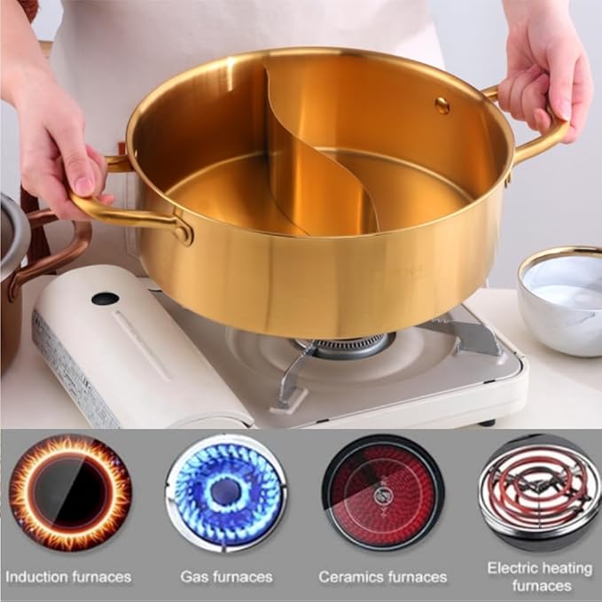 11.8 Inch Stainless Steel Shabu Hot Pot with Divider, Glass Lid Dual Sided Stockpots, Slotted Spoon and Soup Ladle for Induction Cooktop Gas Stove (Orange Red)