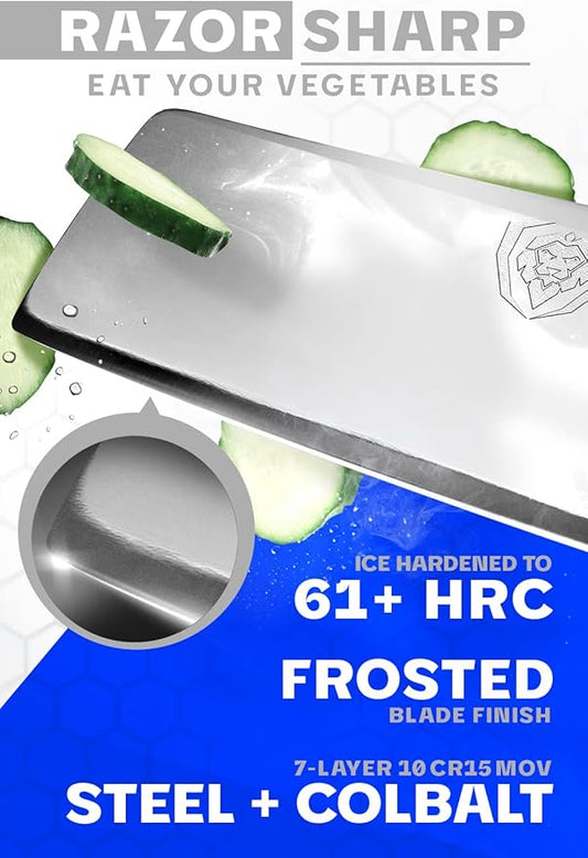 Dalstrong Nakiri Knife - 6.5 inch - Frost Fire Series - High Chromium 10CR15MOV Stainless Steel Vegetable Knife - Frosted Sandblast Finish - White Honeycomb Handle - Leather Sheath - NSF Certified