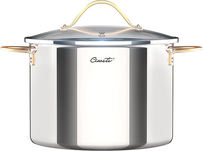Ciwete Stock Pot 12 Quart, 18/10 Tri-Ply Stainless Steel All Clad Stock Pot with Lid, Seamless 12 QT Cooking Pot with Copper Handle, Healthy Stockpots, Induction, Gas, Oven and Dishwasher Safe
