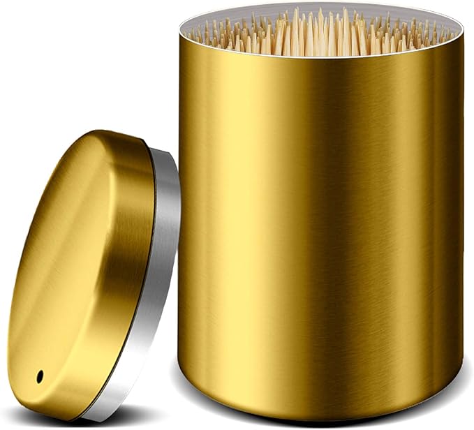 Stainless Steel Toothpick Holder Dispenser Quality Home Tooth Picks Lot Container with 500 Pieces Bamboo Toothpicks for Teeth and Appetizer (Golden)
