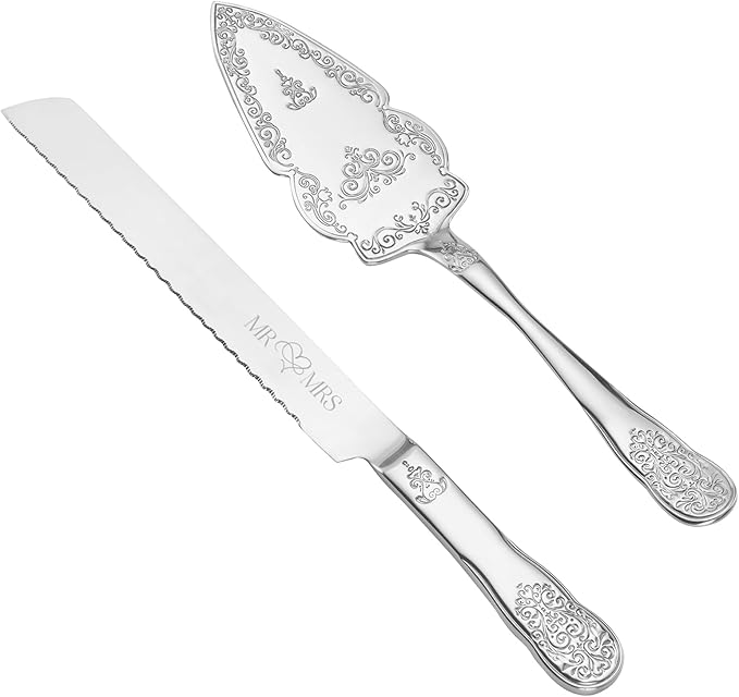AW Bridal Silver Cake Cutting Set for Wedding, Stainless Steel Engraved Wedding Cake Knife Pie Server Gifts for Bridal Shower Engagement, Silver