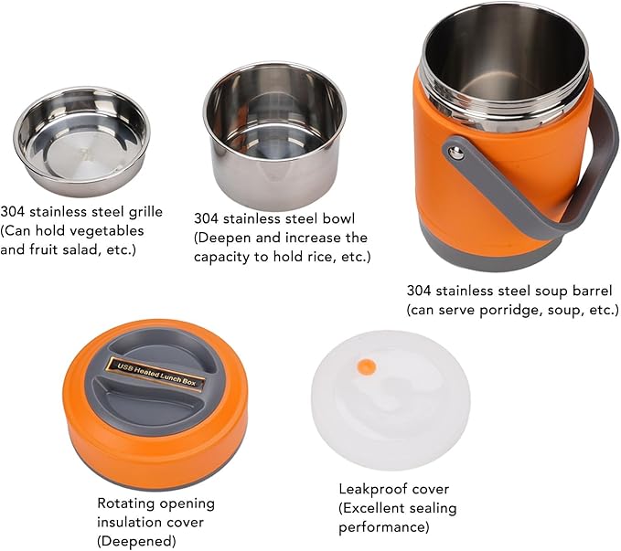 AYNEFY Electric Lunch Box,2L Stainless Steel Portable Electric Food Warmer Bucket Thermal Heat Preservation Pot Thermal Lunch Container for Travel Dorm Office Work (Orange)