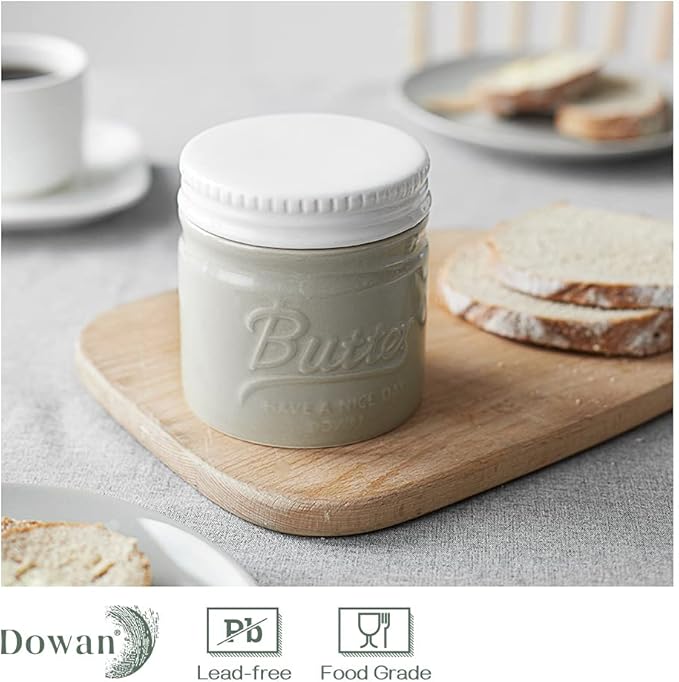 DOWAN Butter Keeper, French Butter Dish, Ceramic Candy Servers for Storage, No More Hard Butter & Humanized Water Line, Grey