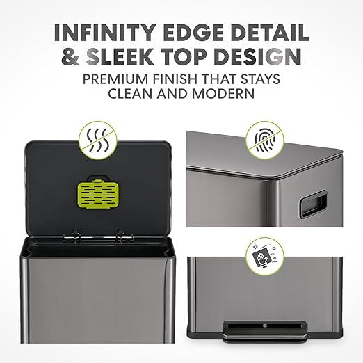 Simpli-Magic Infinity Edge 60 Liter / 16 Gallon Rectangular Hands-Free Extra Large Kitchen Step Trash Can, Soft-Close Single Lid Recycling Bin, Stainless Steel, Black, 79679