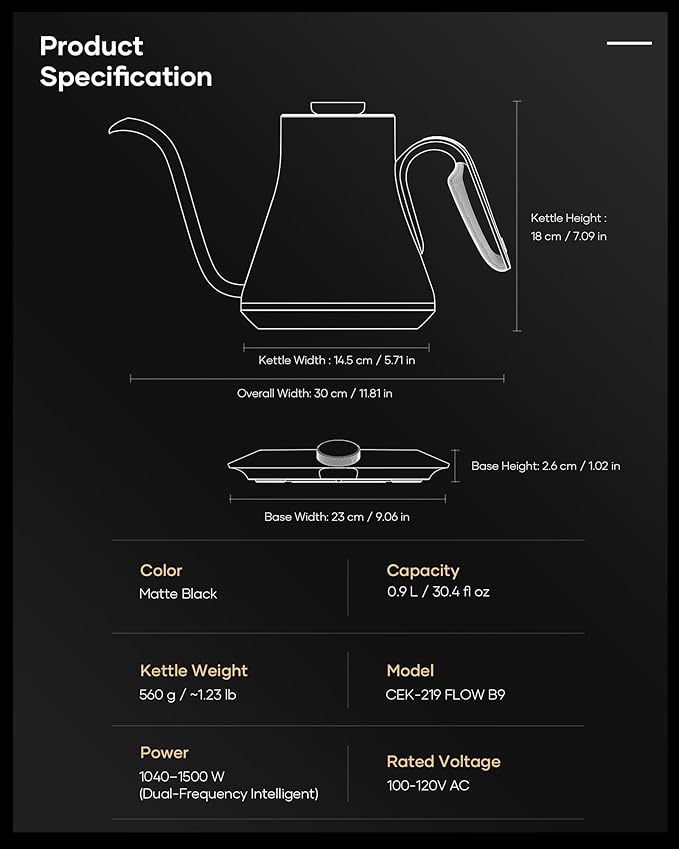 Cocinare FLOW B9 Gooseneck Electric Kettle, Precise Temperature Control for Pour-Over Coffee & Tea Brewing, Stainless Steel Interior, Rapid Heating for Boiling Water 0.9L (Matte Black)