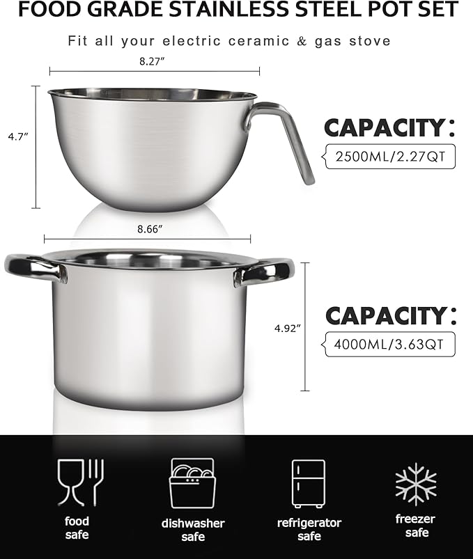Marsheepy Double Boiler Pot Set, 2500ML（2.3QT） Mixing Bowl for Chocolate Melting, 4000ML（3.63QT） Stainless Steel Pot With Silicone Spatula for Melting Chocolate, Candy, Candle, Soap, Wax