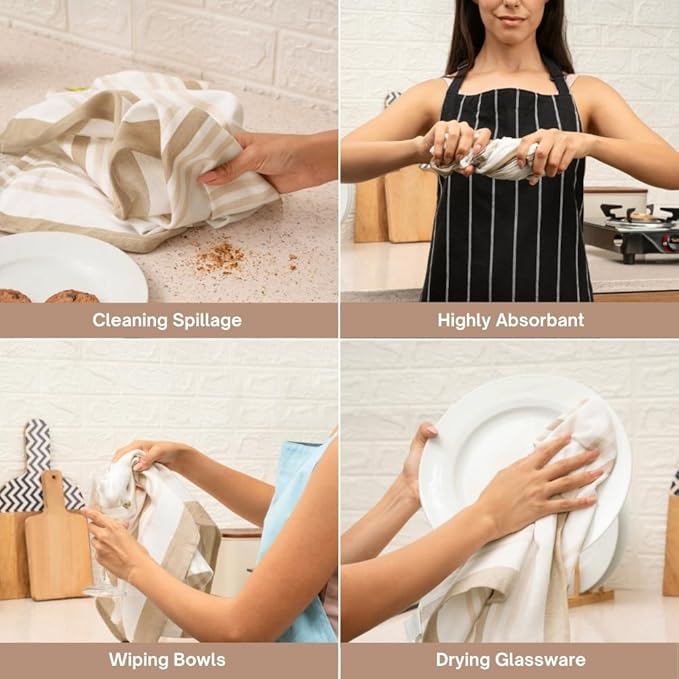 Kitchen Towel Set of 6, 100% Cotton Quick-Drying Absorbent Dish Towels & Tea Cloths, 20x30 Inch, Decorative Farmhouse Towels for Kitchen, Beige Stripes