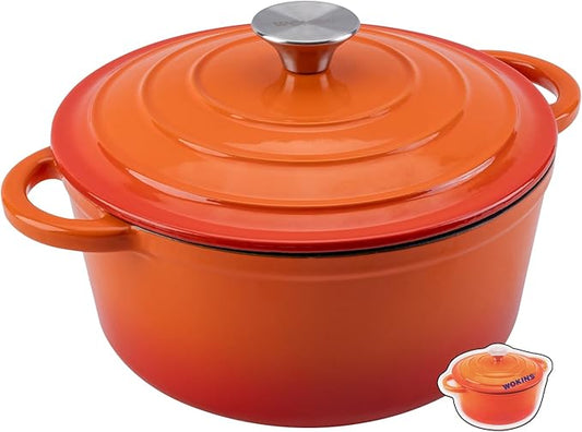 WOKINS Enameled Cast Iron Dutch Oven Pot with Lid Heavy-Duty Cookware for Bread Baking,Braising,Stews,Roasting,Oven Safe up to 500°F,5.5QT,orange