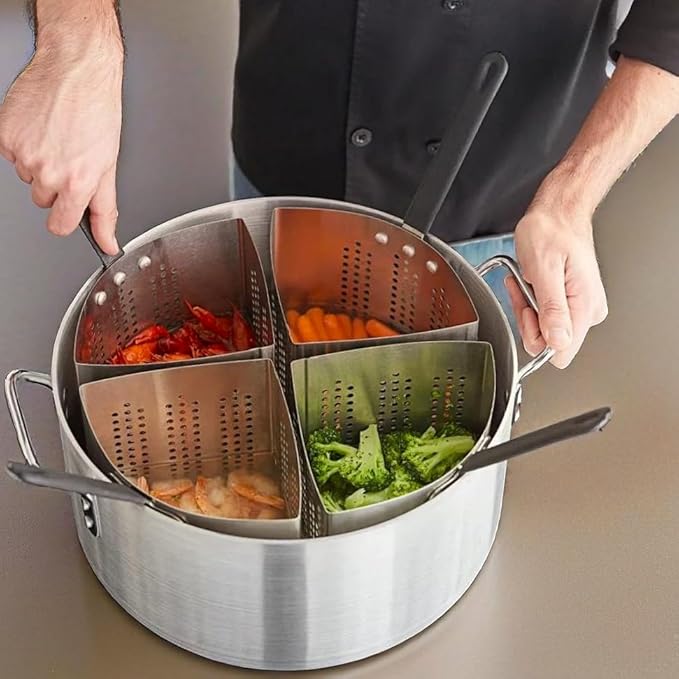 5 Qt. Stainless Steel Pasta Strainer Basket Wedge Inset with Black PVC Handle – Perforated 22 Gauge Steel, Fits 13 15/16”+ Pots, Individual Portion Cooking for Pasta, Vegetables & Seafood (1)
