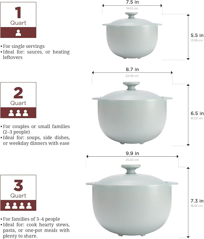 MINH LONG 2-Qt Porcelain Dutch Oven with Lid – Lead & Cadmium Free, Oven Safe to 482°F, Heat Retention, Clay Pot for Cooking on Gas & Infrared Cooktop, Use to Marinate, Cook, Bake, Refrigerate & Serve
