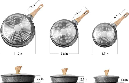 YIIFEEO Non Stick Frying Pan Set - Stone Skillet Set, Kitchen Omelette Pans, Induction Chef' Pan Grainte Cookware Set, Nonstick Frying Pans with Lid(8inch&9.5inch&11inch)