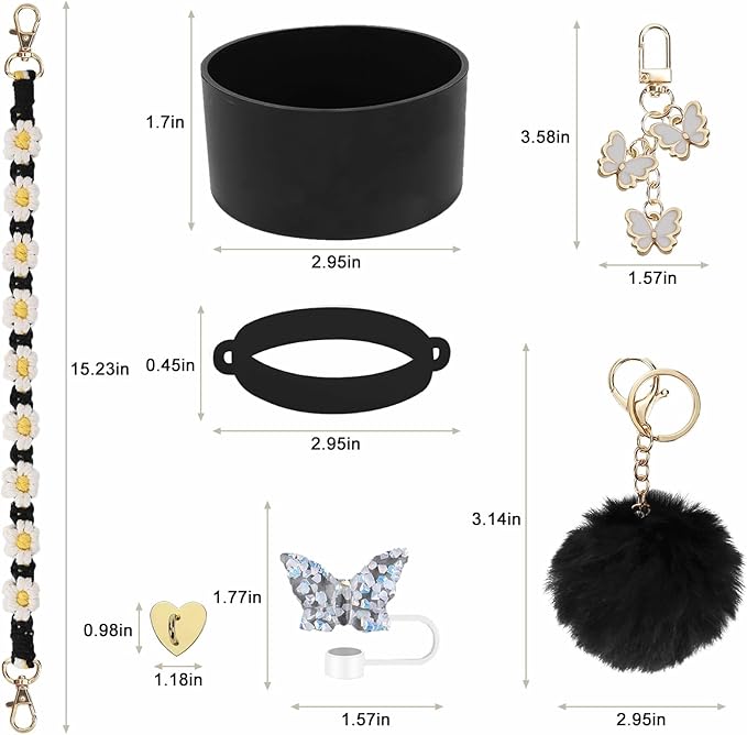 Accessories Set Including Water Bottle Handle Strap, Silicone Boot, Resin Butterfly Straw Cover, Straw Topper, Lip Balm Sleeve, Butterfly & Hairball Charms for Stanley Cup Tumbler