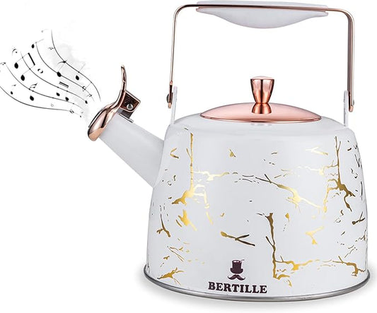 BERTILLE Teapot 2.5QT Whistle Exquisite Teapot for Stovetop, 18/8 Stainless Steel Stovetop Kettle(Gold thread)