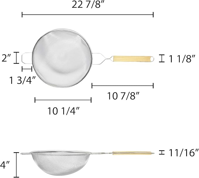 TrueCraftware- 10-Inch Single Fine Mesh Strainer Stainless Steel 10-3/4" Handle Length Wooden Handle- Kitchen Utensil Food Strainer Skimmer Spoon for Cooking Sieve Sifters Rice Pasta Fruits Vegetable