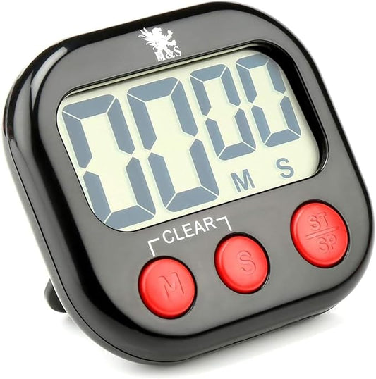 H&S Digital Kitchen Timer - Magnetic Cooking Timer with Large LCD Digits Display & Loud Alarm - Black - Countdown Clock for Kids Classroom - AAA Battery Included - Kitchen Timers for Cooking