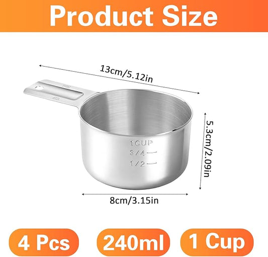 4 Pack 1 Cup Stainless Steel Measuring Cup, 250 ml | 240 cc | 8 oz Single Measuring Cups with Handle, Small Measuring Scoops Coffee Scoop for Kitchen Cooking Baking