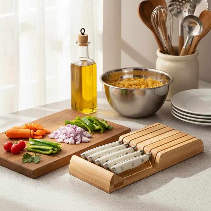 Alata 6-Piece White Steak Knives Set with Block, Stainless Steel Steak Knife set with Serrated Edge, Razor-Sharp, Full-Tang Construction