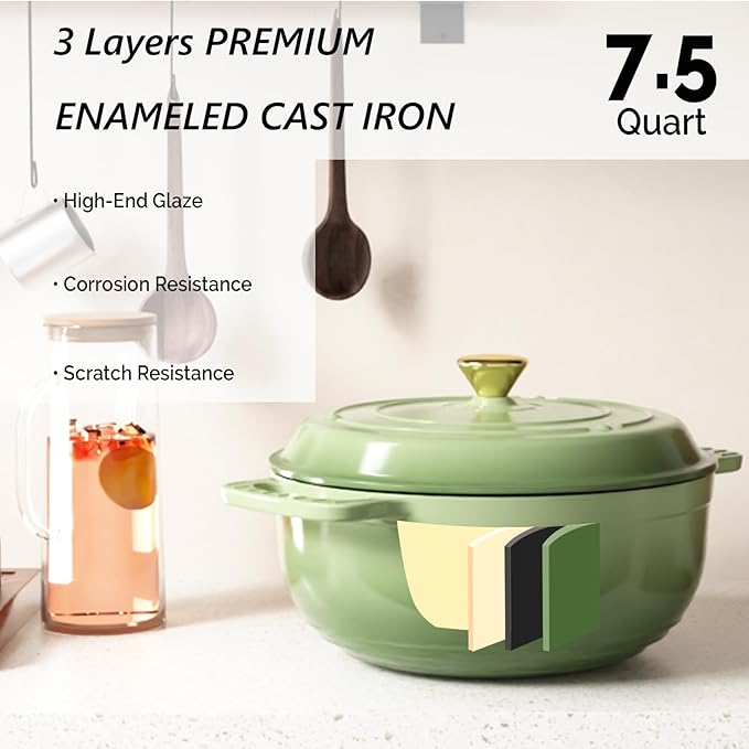VINGLI 7.5QT Enameled Cast Iron Round Dutch Oven Pot with Lid, NonStick Casserole Pot with Dual Handles & Silicone GlovesRed, Oven Safe up to 500°F or on Stovetop, Dutch Oven for Bread Baking, Green