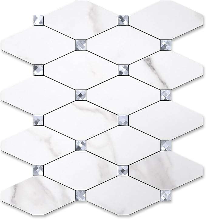 STICKGOO 1 Sheet Peel and Stick Backsplash, Calacatta Stick on Aluminum Composite Tiles Stikers, Self Adhesive Mixed Glass Backsplash for Kitchen, Bathroom, Fireplace, RV